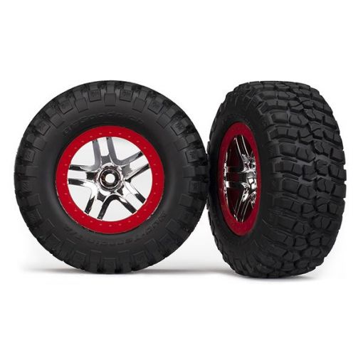 Traxxas Tires & wheels, assembled, glued (SCT Split-Spoke, chrome red beadlock style wheels, BFGoodrich Mud-Terrain T/A KM2 tires, foam inserts (2WD front) - TRA5877A
