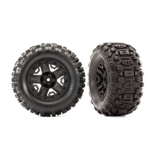 Traxxas Tires & wheels, assembled, glued (2.8'') (Rustler 4X4 black wheels, Sledgehammer tires, foam inserts) (2) (TSM rated) - TRA6792