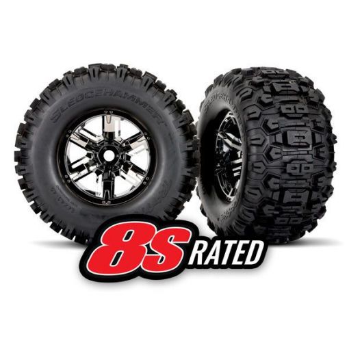 Traxxas Tires & wheels, assembled, glued (X-Maxx black chrome wheels, Sledgehammer tires, foam inserts) (left & right) (2)