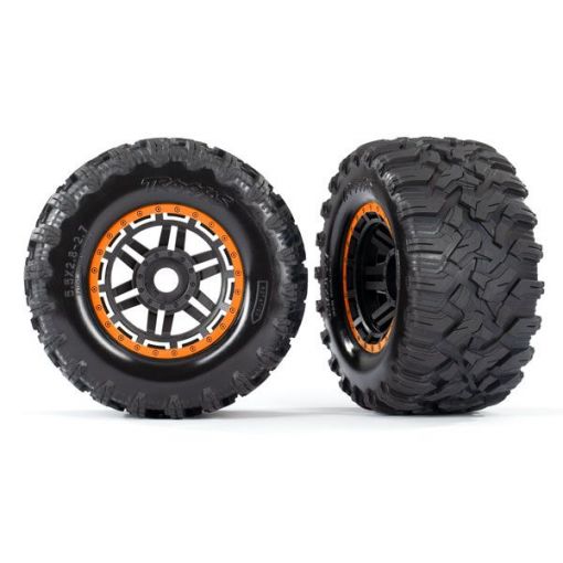 Traxxas Tires & wheels, Assy, 17mm, glued (black, orange beadlock)