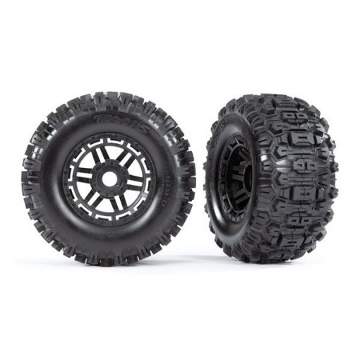 Traxxas Sledgehammer Tires & wheels, assembled, glued (black wheels, dual profile (2.8'' outer, 3.6'' inner), Sledgehammer tires, foam inserts) (2) (17mm splined) (TSM rated) - TRA8973